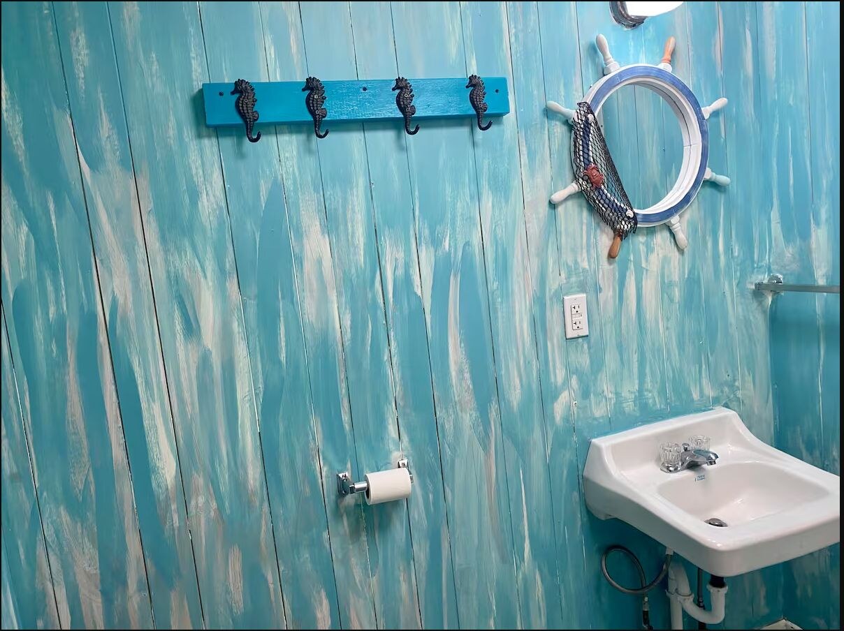 Second bathroom with hand painted walls and seahorse hooks