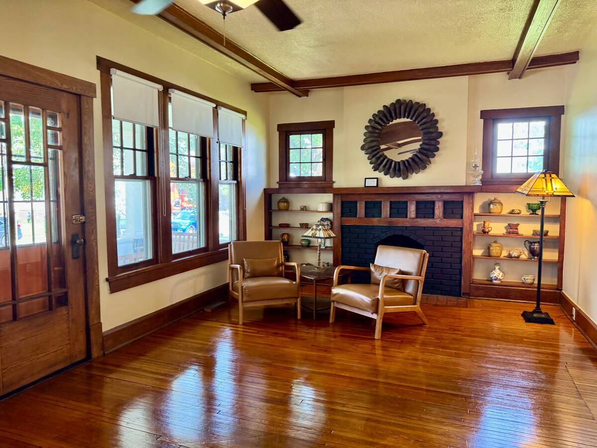 Fireplace parlor with original Craftsman details