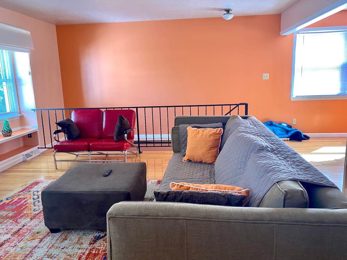 Bright living room with comfortable seating and hardwood floors